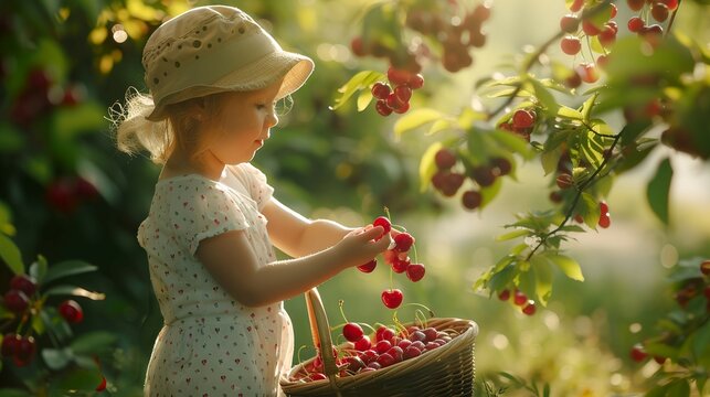 little girl picking cherries