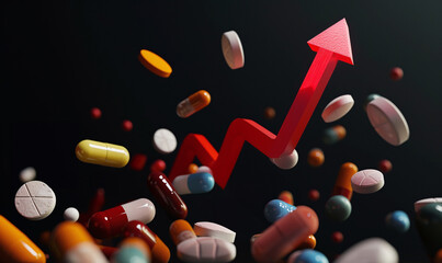 A red upward arrow flows from various drugs and medicine pill. Pharmaceutical drug prices rising concept. - obrazy, fototapety, plakaty