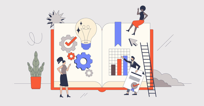 Professional development for effective business growth retro tiny person concept. Successful leadership with clear vision, objectives and targets achievement vector illustration. Professional skills
