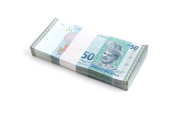 Single stack of Malaysian ringgit 50 isolated on white background