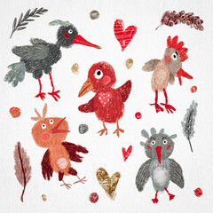 Cheerful colorful cartoon birds. Set of elements for children.