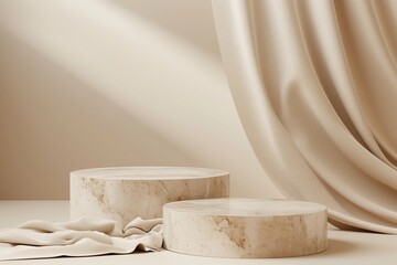 Three beige light podium for cosmetic product presentation