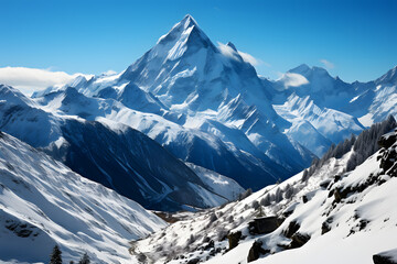 Obraz premium Behold the breathtaking beauty of a snow-covered mountain landscape, where majestic peaks rise against the pristine white expanse