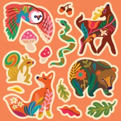Fototapete Unter dem Meer Sticker set, Forest animals in folk style