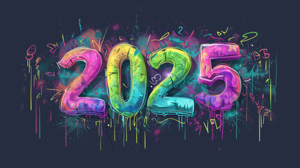 Colorful 2025 trendy text number design on blue background. illustration