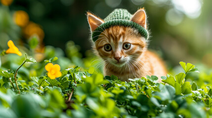 Cute ginger tabby kitten in green knitted hat runs through clover leaves. Red-striped orange little cat looking at camera in meadow on sunlight bokeh background. St. Patrick's day concept, cards.