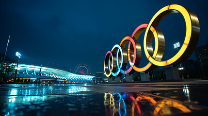 Olympic Sports, Plaza, olympic flag, winner cheering, Skating Dance, Woman skates on ice rink, eremony of the Winter Olympic Games, Beijing National Stadium, Gold medal of Olympic, ai generated - obrazy, fototapety, plakaty