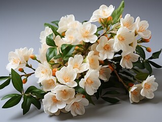 Jasmine flower bunch with green leaves isolated on white background