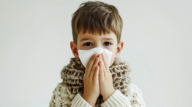 Little sick cute boy wipes his nose with white paper napkin. Season of children's colds, runny nose. On light gray background. Close-up. Copy space.