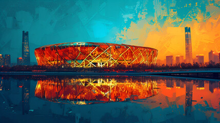 Olympic Sports, Plaza, olympic flag, winner cheering, Skating Dance, Woman skates on ice rink, eremony of the Winter Olympic Games, Beijing National Stadium, Gold medal of Olympic, ai generated - obrazy, fototapety, plakaty