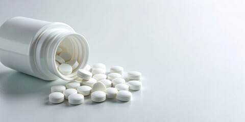 White tablets pill spilled out from white plastic bottle container. Pharmaceutical industry. Pharmacy product. Global healthcare. Drug use in hospital or drugstore. Health budget. Pharmaceutics.