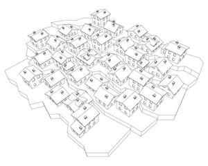 Vector illustration of sketched 3d cottages or a cottage district, aerial view