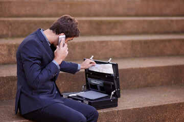 Phone call, consulting and business man and briefcase for corporate, communication and contact. Networking, technology and conversation with male employee in city for feedback, planning and chat