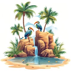 Bird Haven Exotic Avian Drinking at Oasis - Perfect for Design & Print, White