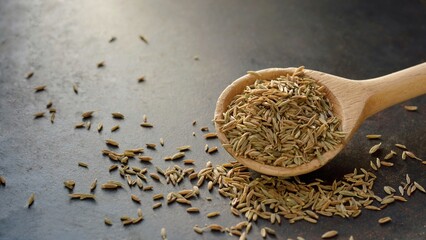  Cumin spice in a wooden spoon on a dark background.