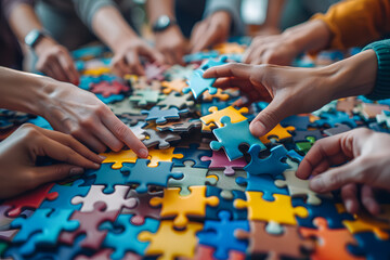 Corporate officer worker collaborate in office, connecting puzzle pieces as partnership and teamwork. Cooperation, teamwork, help and support concept. coworkers join jigsaw pieces in the office. AI - obrazy, fototapety, plakaty