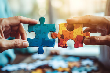 Putting puzzle pieces together. Hand joining, connecting two puzzle pieces together. Business and psychology concept of problem-solving, success. Generative AI