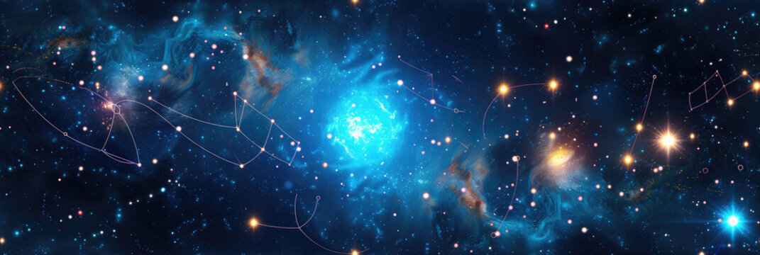 space texture with astrological and numerological projections of planets, comets, constellations, stars, empty space for text, banner