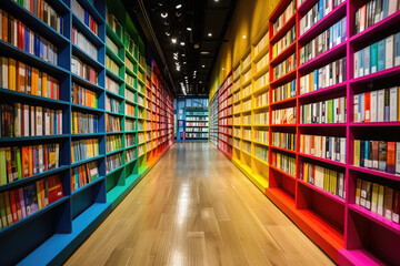 large bookshelves in a bookstore with books in colorful rainbow covers, a corridor in a library, knowledge in textbooks,
