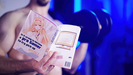 Headless muscular man reading manga comic while weight lifting - obrazy, fototapety, plakaty