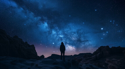 Man stands under a starlit sky in the desert. - 735861623