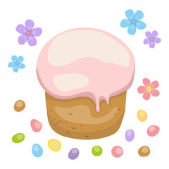 Festive Easter cake with pink icing surrounded by colored candies and flowers. Texture vector pattern in delicate spring colors