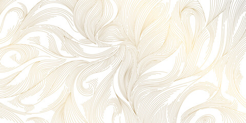 Vector line abstract gold pattern, wave texture wallpaper ornament. Leaf, swirls floral premium illustration - obrazy, fototapety, plakaty