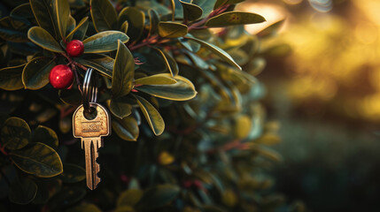 a metal key hangs on a tree branch among leaves and barberries - Powered by Adobe