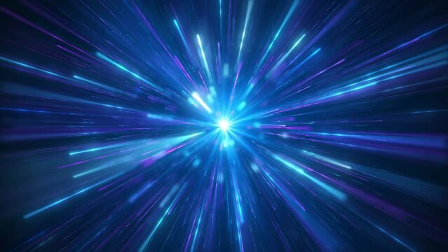 A bright neon hyperspeed jump to another universe with speeding light trails. Streams of blue light rays, flight through hyperspeed space tunnel.