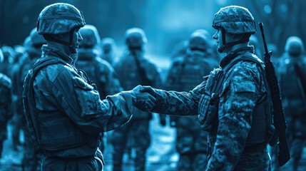 military soldiers shaking hands on the battlefield, peace, blue background - obrazy, fototapety, plakaty