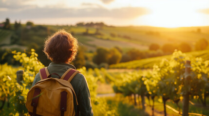 Explorer with backpack enjoying the sunset in vineyards. - obrazy, fototapety, plakaty