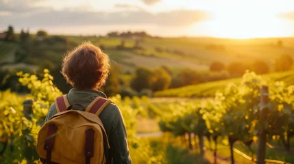 Schilderijen op glas Explorer with backpack enjoying the sunset in vineyards. © vlntn