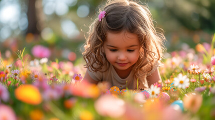 cute little girl playing egg hunt on Easter. Child sitting on the grass gathering colorful eggs