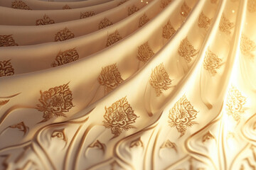 close-up, gold ornament embroidery on fabric, curtains, Muslim headscarf, clothes with patterns, dress with smooth folds