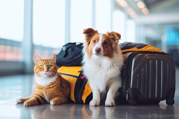 Pet Travel, Cat Vacation, Dog Tourist, Cat and Dog next to Luggage