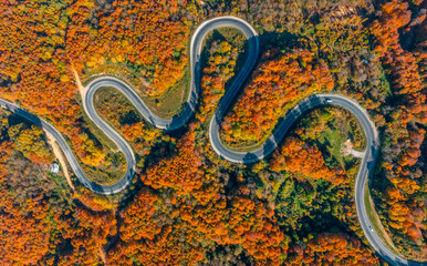 aerial view of inegol domanic road with beautiful autumn colors of nature, Kutahya, Turkey
