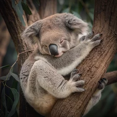 Poster Koala sleeping on tree branch. Generative AI © Nipawan
