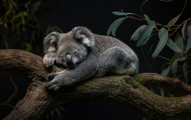 Koala sleeping on tree branch. Generative AI