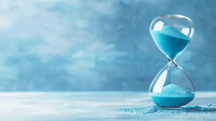 Hourglass on on blue background. Time passing, countdown and urgency concept. - obrazy, fototapety, plakaty