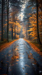 a road in the middle of the forest at fall