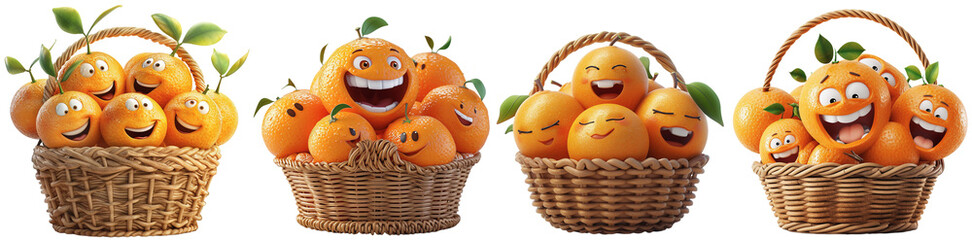 cartoon illustration of smiling and happy oranges in a wicker basket