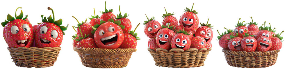 cartoon illustration of smiling and happy strawberries in a wicker basket