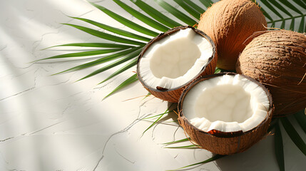 Fototapeta na wymiar coconuts laying on a empty tropical background