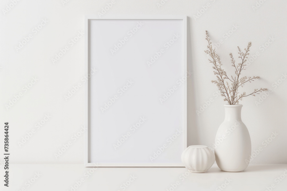 Aufkleber white frame mockup with workspace accessories on a white table. empty picture frame mockup on table.