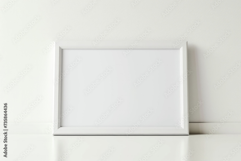 Poster white frame mockup with workspace accessories on a white table. empty picture frame mockup on table.