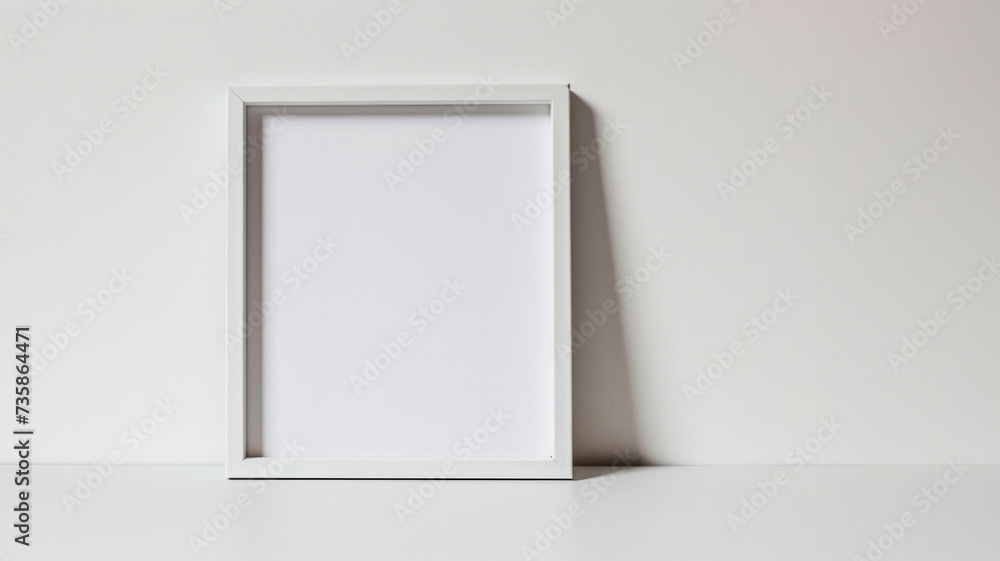 Poster white frame mockup with workspace accessories on a white table. empty picture frame mockup on table.