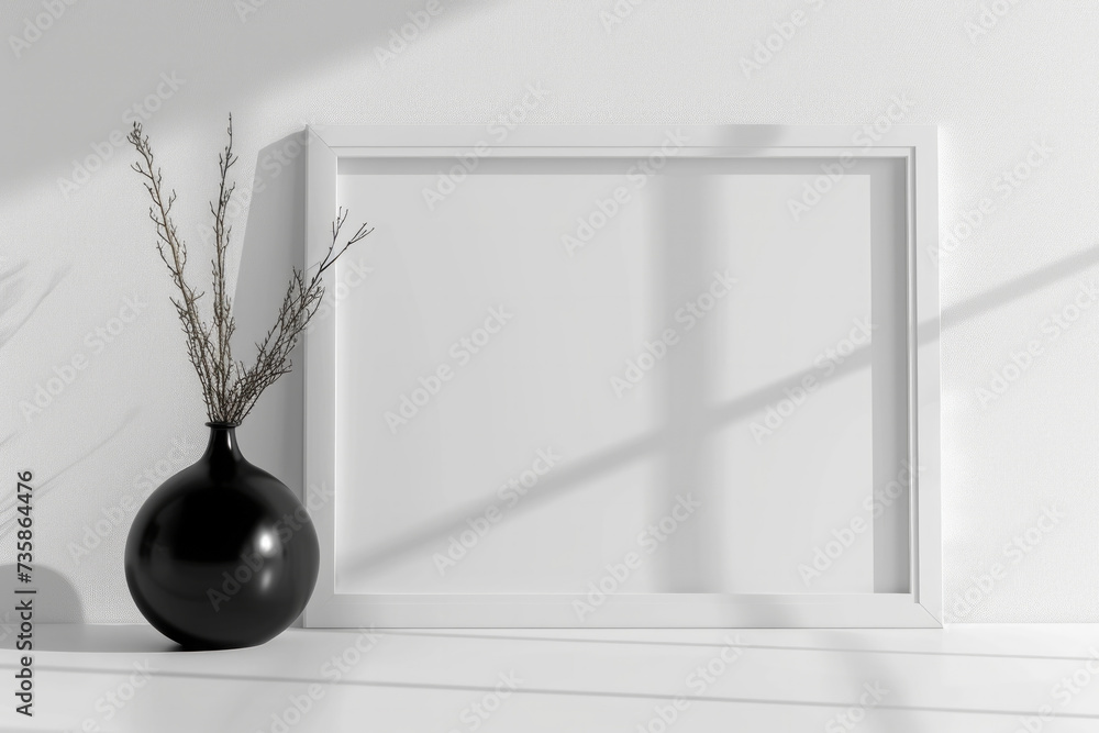 Poster white frame mockup with workspace accessories on a white table. empty picture frame mockup on table.