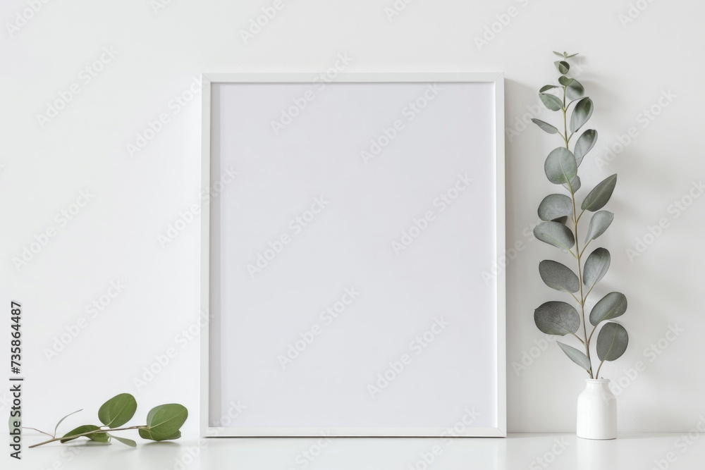 Aufkleber white frame mockup with workspace accessories on a white table. empty picture frame mockup on table.