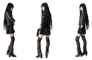 A young asian woman with black hair wearing leather clothes and boots in three different positions, isolated on a transparent background