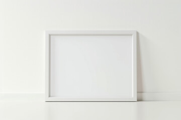 White frame mockup with workspace accessories on a white table. empty picture frame mockup on table. Elegant working space, home office concept. Scandinavian interior design.
